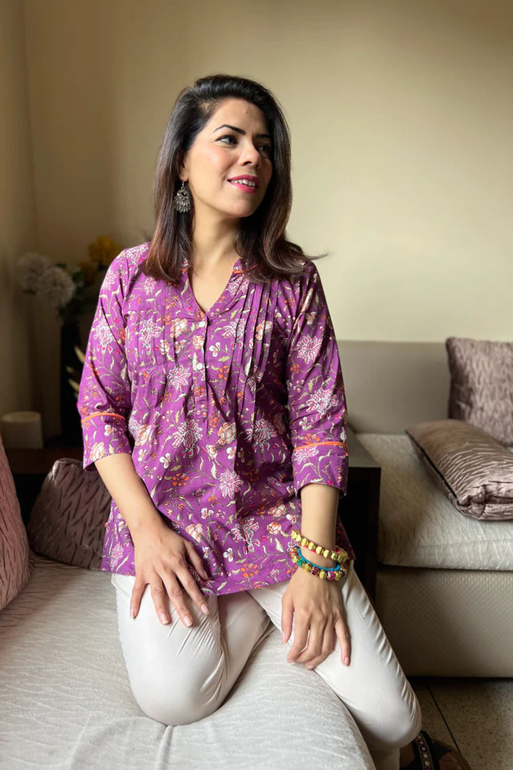 Purple cotton top with floral pattern