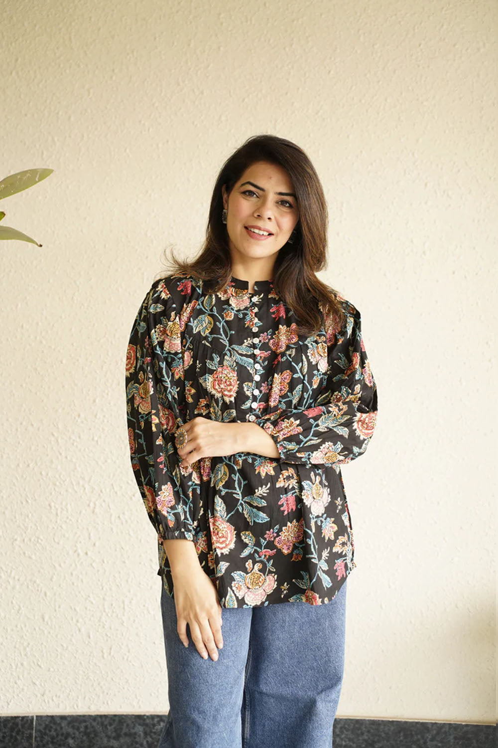 Black cotton top with floral pattern