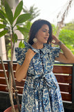 Elegant blue maxi dress with decorative sleeves and belt