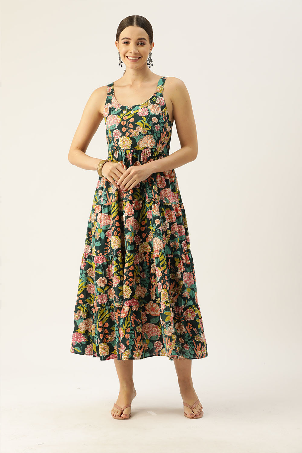 Green Shoulder Strapped Floral Printed Fit and Flared Pure Cotton Dress