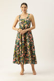 Green Shoulder Strapped Floral Printed Fit and Flared Pure Cotton Dress