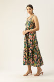 Green Shoulder Strapped Floral Printed Fit and Flared Pure Cotton Dress