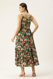 Green Shoulder Strapped Floral Printed Fit and Flared Pure Cotton Dress