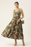 Green Shoulder Strapped Floral Printed Fit and Flared Pure Cotton Dress