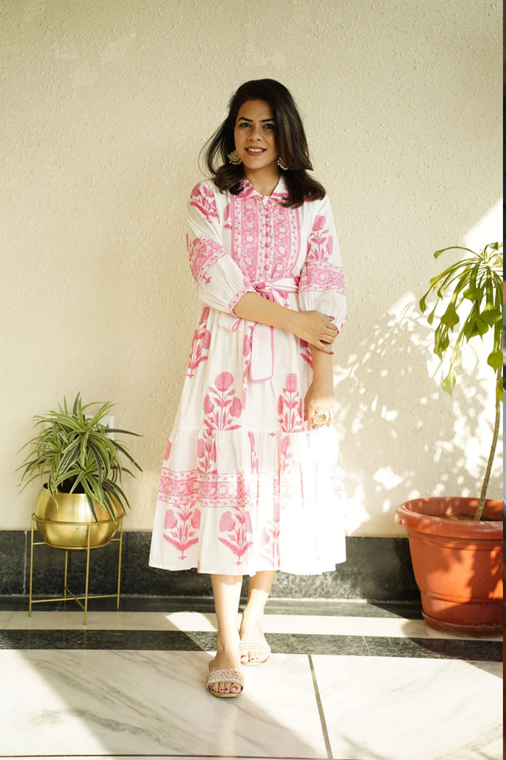 White & Pink Mughal Printed Tier Cotton Dress