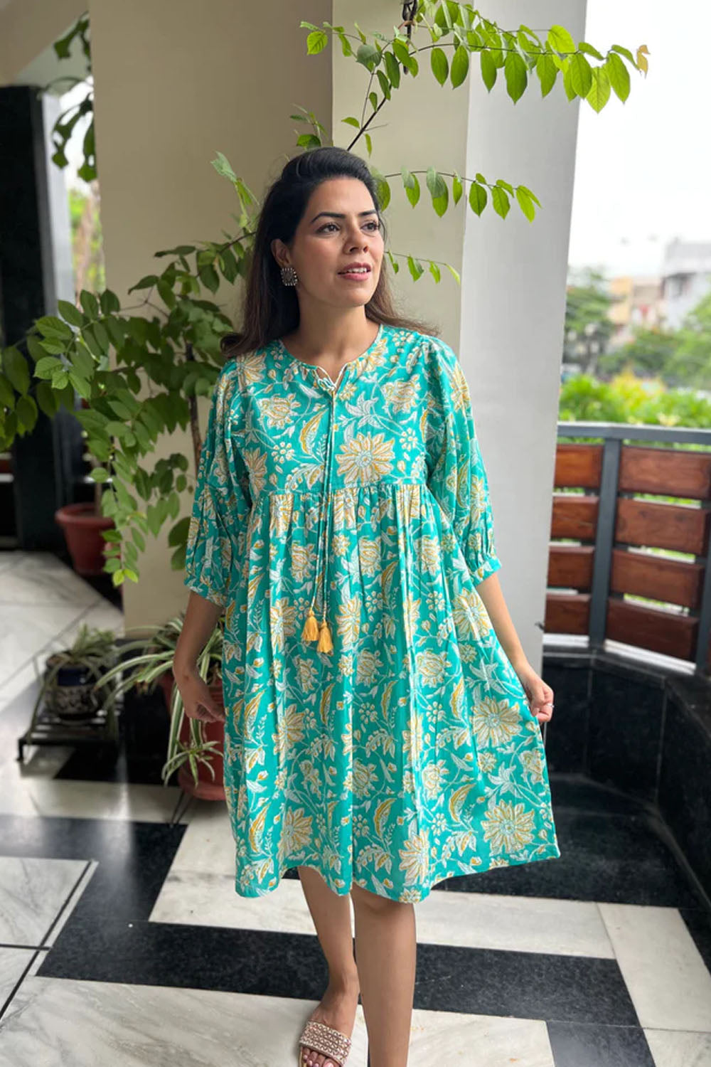 Turquoise Printed Cotton Dress