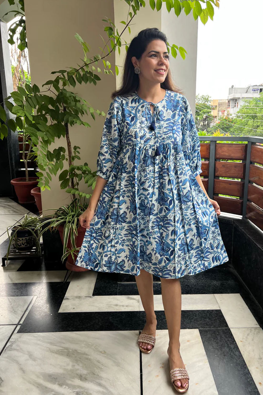 White & Blue Printed Cotton Dress