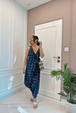 Elegant indigo cullote overalls with a gun pattern