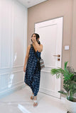 Elegant indigo cullote overalls with a gun pattern