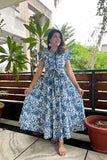 Elegant blue maxi dress with decorative sleeves and belt